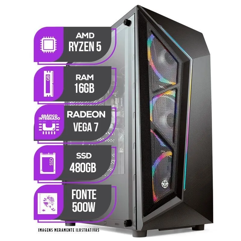 Pc Gamer Mancer, Amd Ryzen 5 5600gt, Vega 7, 16gb Ddr4, Ssd 480gb, Fonte 500w